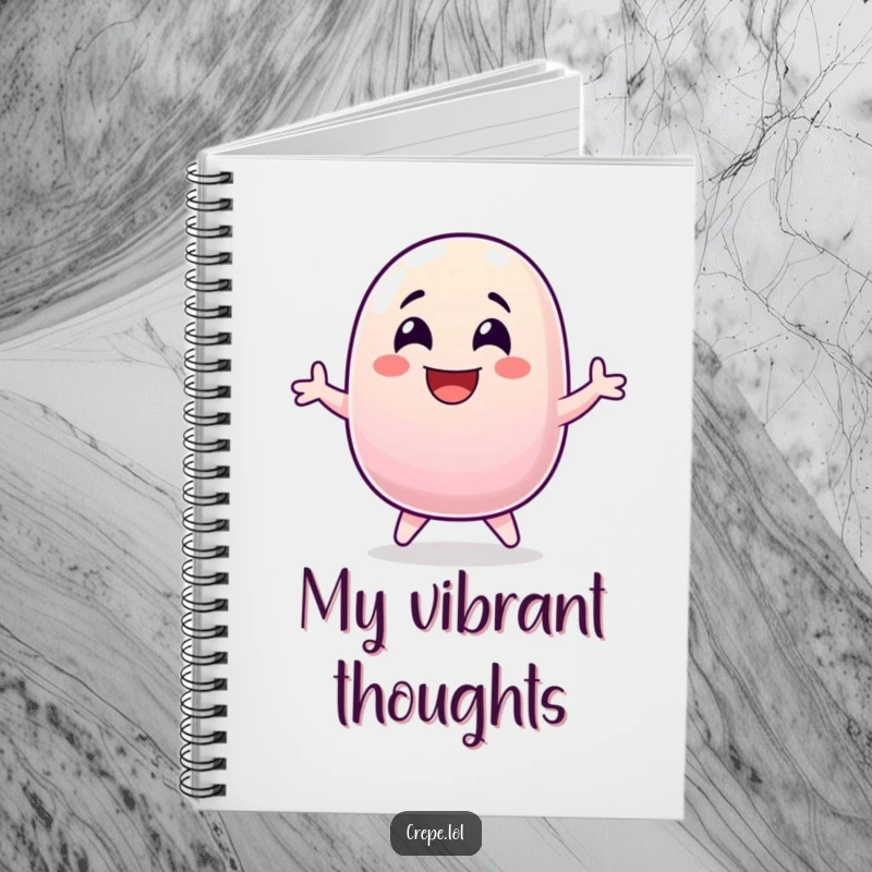 Funny jellybean mid-jump, laughing with wide eyes, featured on a notebook cover design.