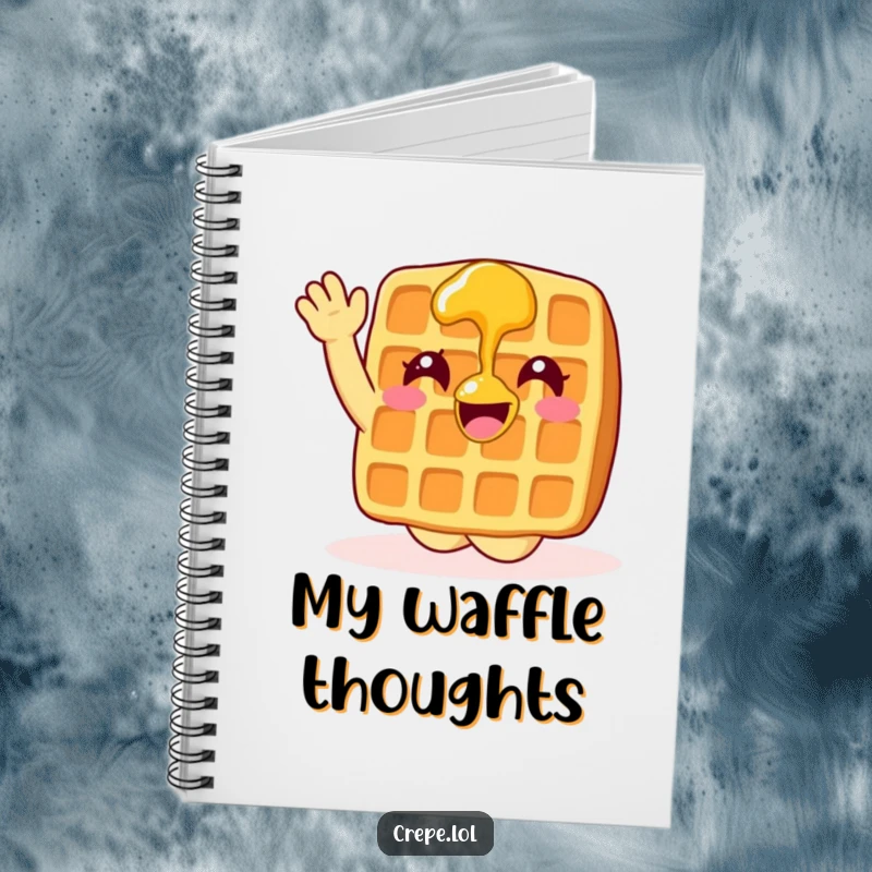 Funny waffle with syrup waving enthusiastically, featured on a notebook cover.