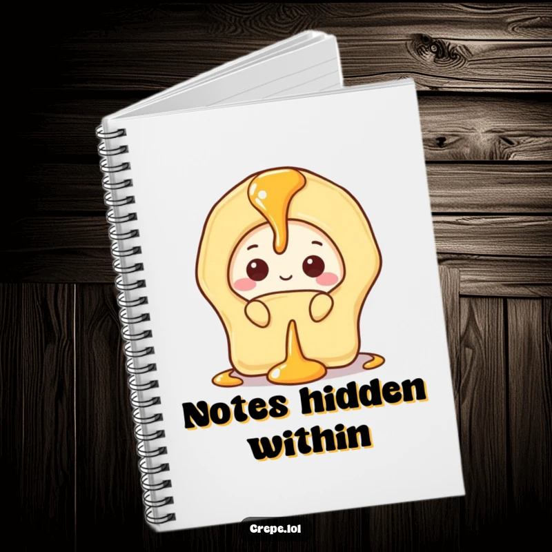 Funny notebook cover featuring a shy banana crepe peeking out from behind a delicate drizzle of syrup.