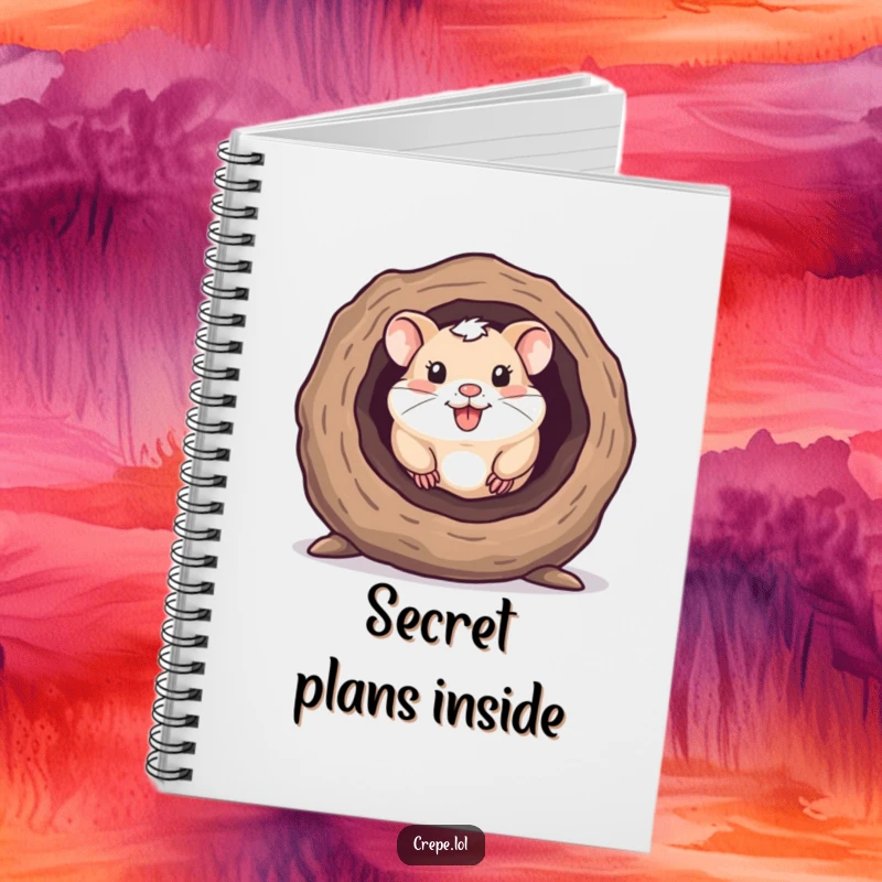 Funny notebook with a happy hamster peeking out from a hollow log, ideal for jotting down ideas.