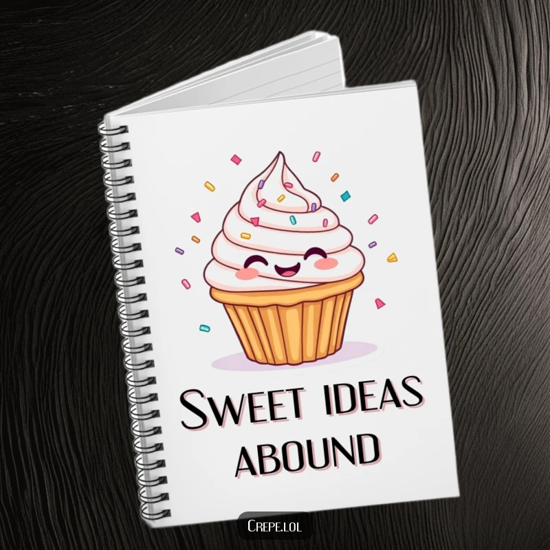 Funny notebook featuring a spinning cupcake with frosting and sprinkles, great for writing and capturing sweet thoughts.