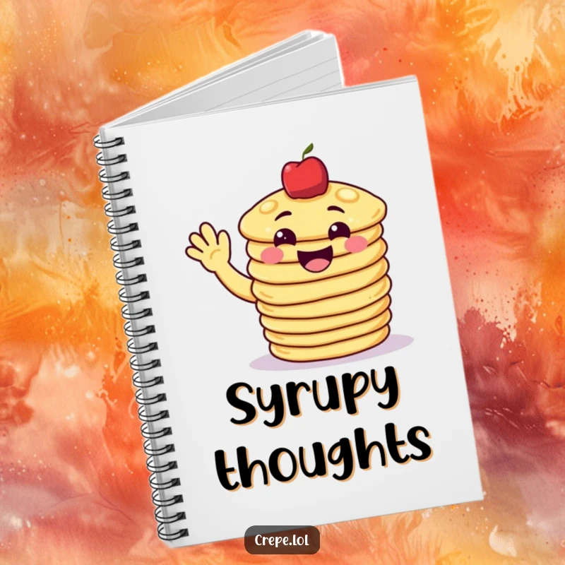 Funny pancake notebook with a grinning stack of pancakes waving cheerfully, ideal for note-taking with sweetness.