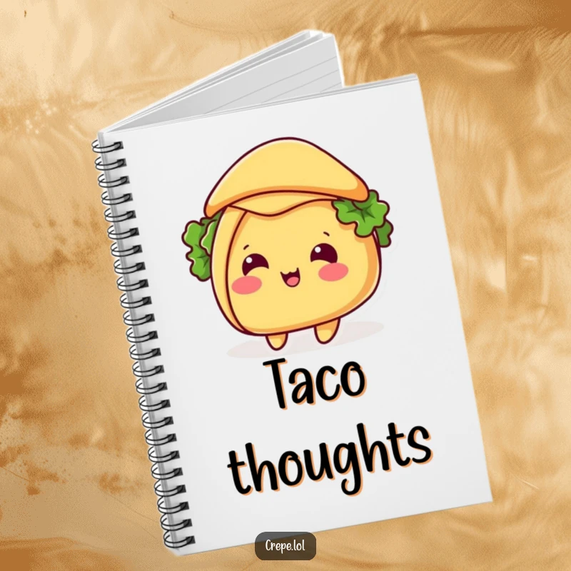Funny taco hat tip notebook, featuring a beaming taco tipping its shell like a hat, ideal for jotting down notes with a humorous, festive touch.