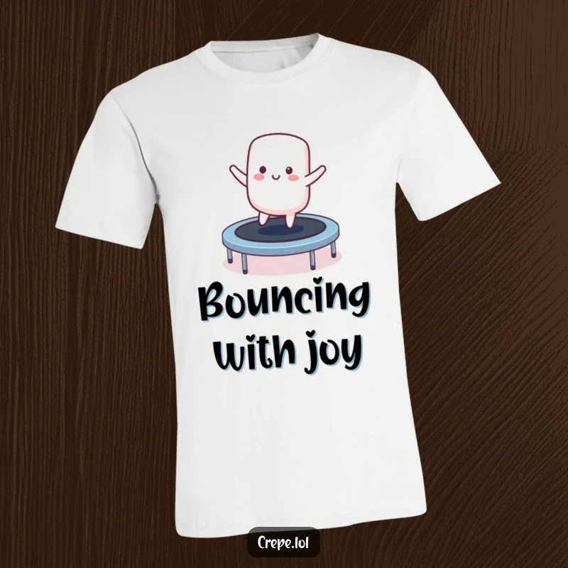 Funny smiling marshmallow character t-shirt bouncing on a trampoline, a playful and humorous apparel.