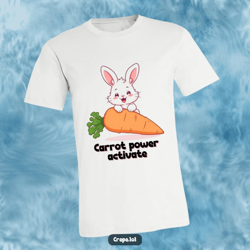 Funny fluffy bunny with large ears leaping over a massive carrot, printed on a hilarious t-shirt for fun lovers.