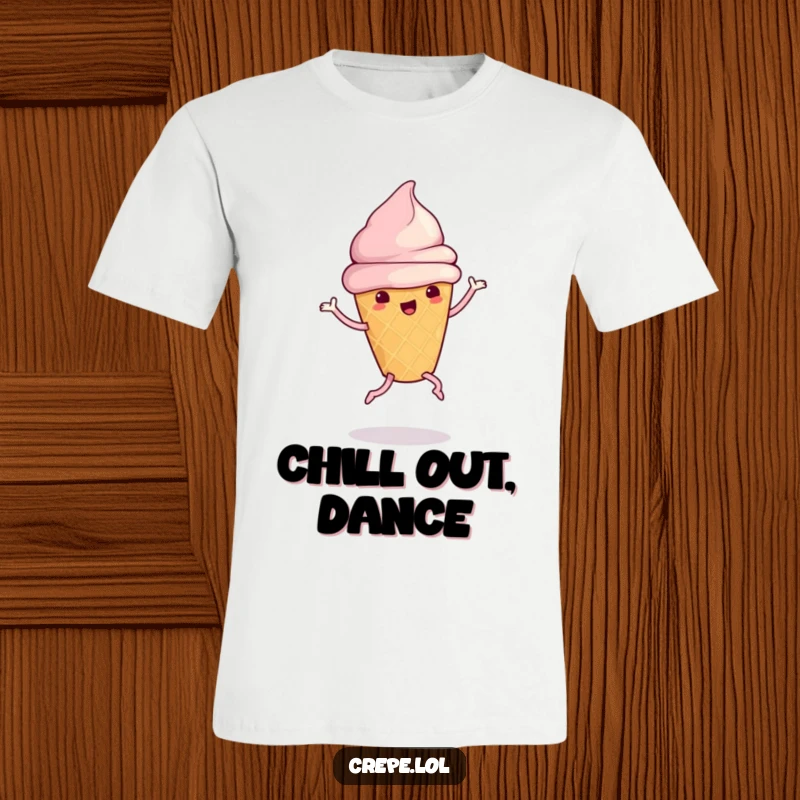 Funny ice cream cone with legs performing a silly dance, printed on a comfy t-shirt.