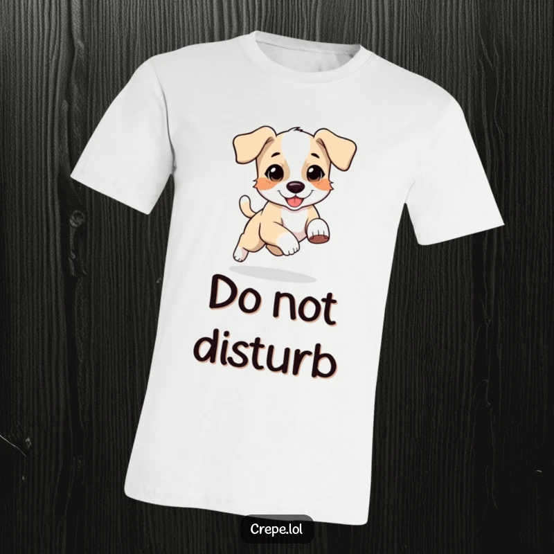 Funny t-shirt depicting a bouncing puppy with floppy ears joyfully spinning in circles, chasing its own tail.