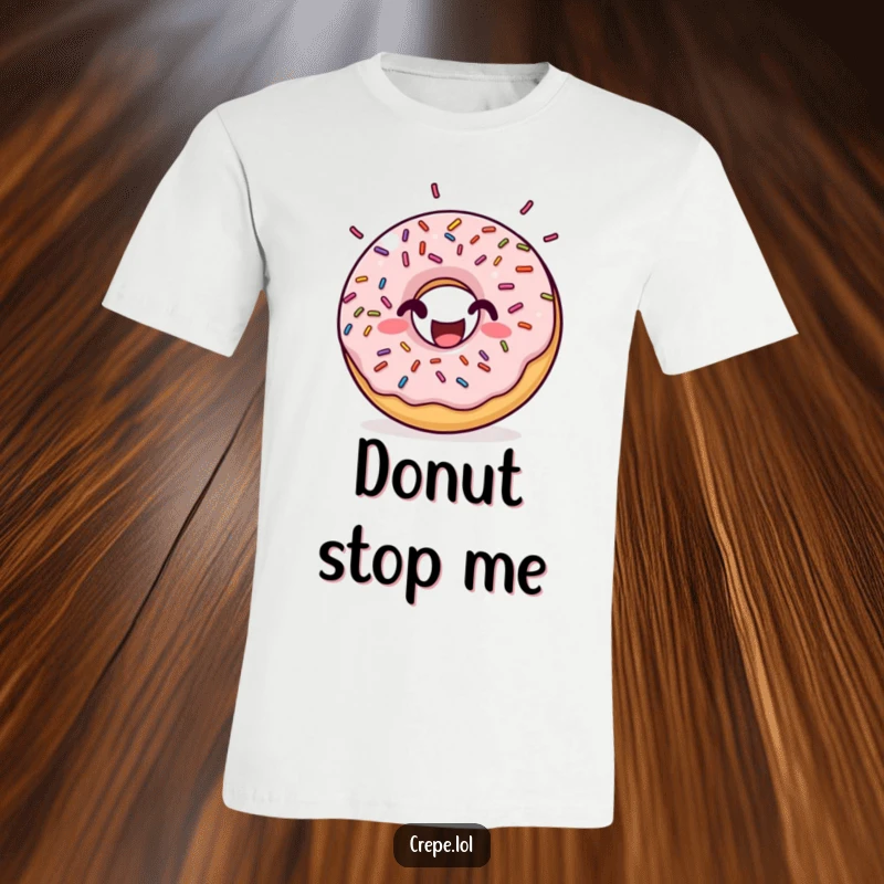 Funny donut t-shirt featuring a happy donut with rhythmic bouncing sprinkles, perfect for expressing a joyful personality and love for sweets.