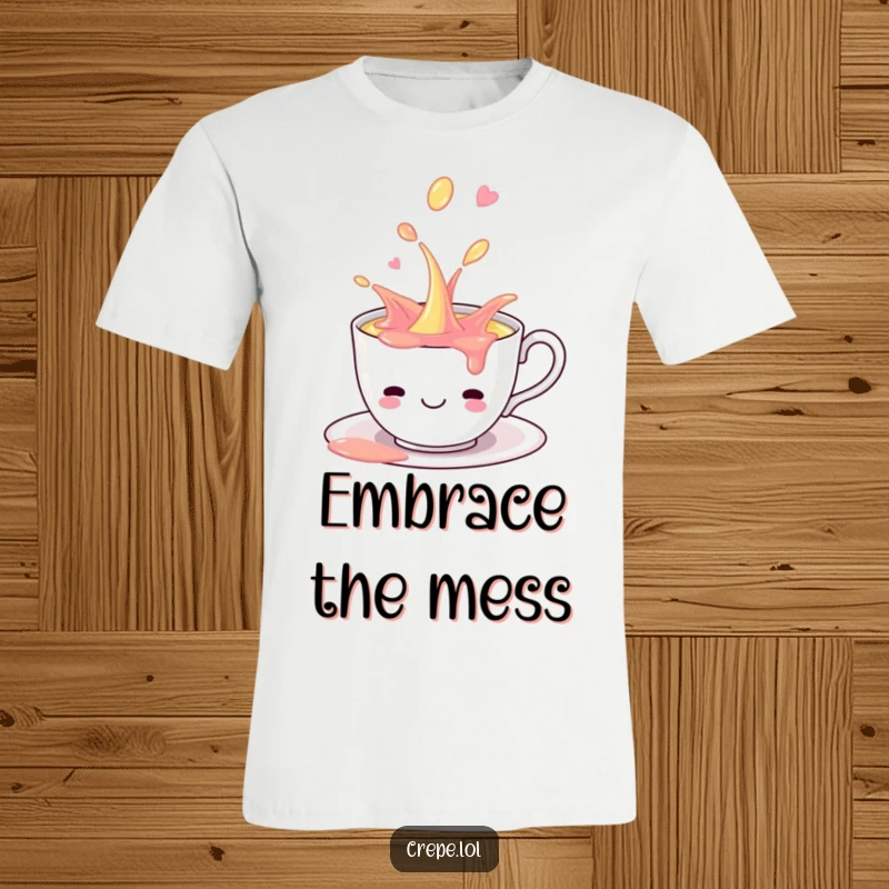 Funny smiling teacup with colorful liquid playfully spilling, on a charming graphic t-shirt.
