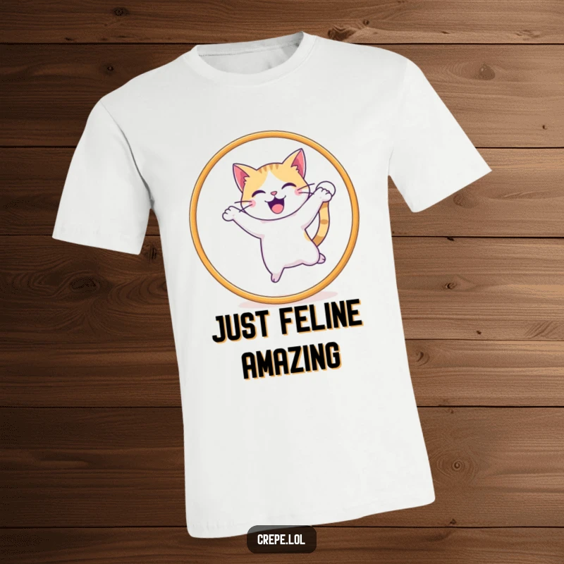 Funny t-shirt depicting a happy cat with tail wagging, impressively jumping through a hoop, a must-have for pet lovers.