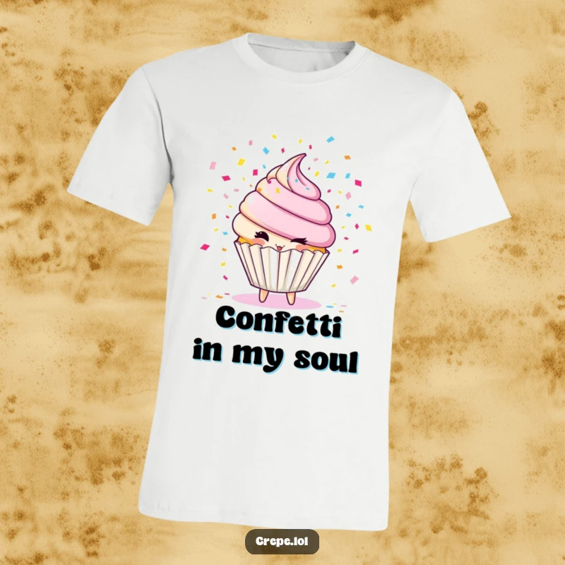 Funny cupcake character t-shirt, winking playfully while blowing colorful confetti, a joyous and festive design.
