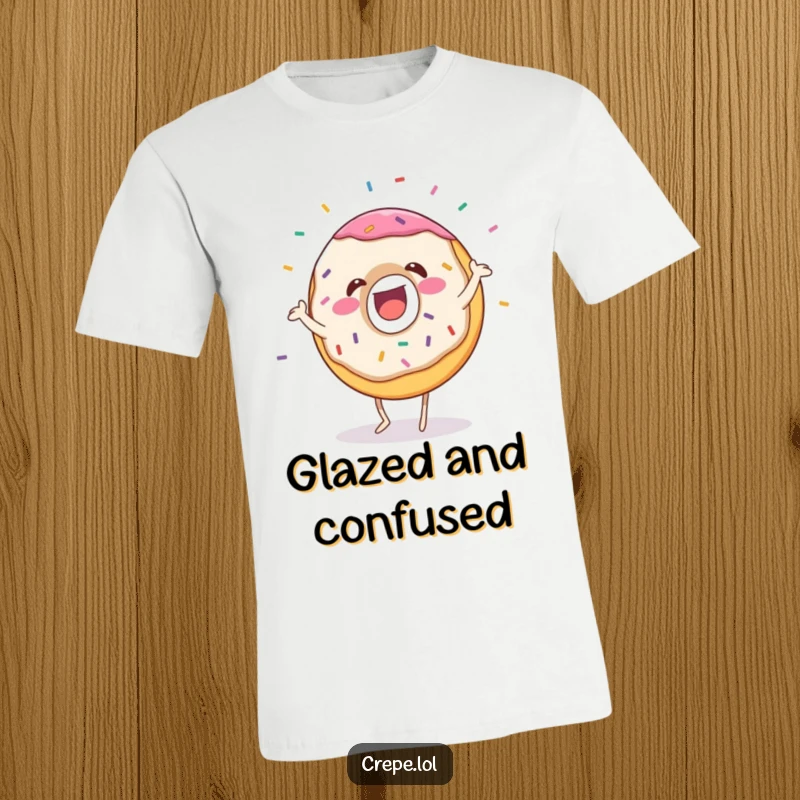 Funny donut t-shirt with a gleeful character dancing energetically, sprinkles flying everywhere, ideal for casual, fun wear.