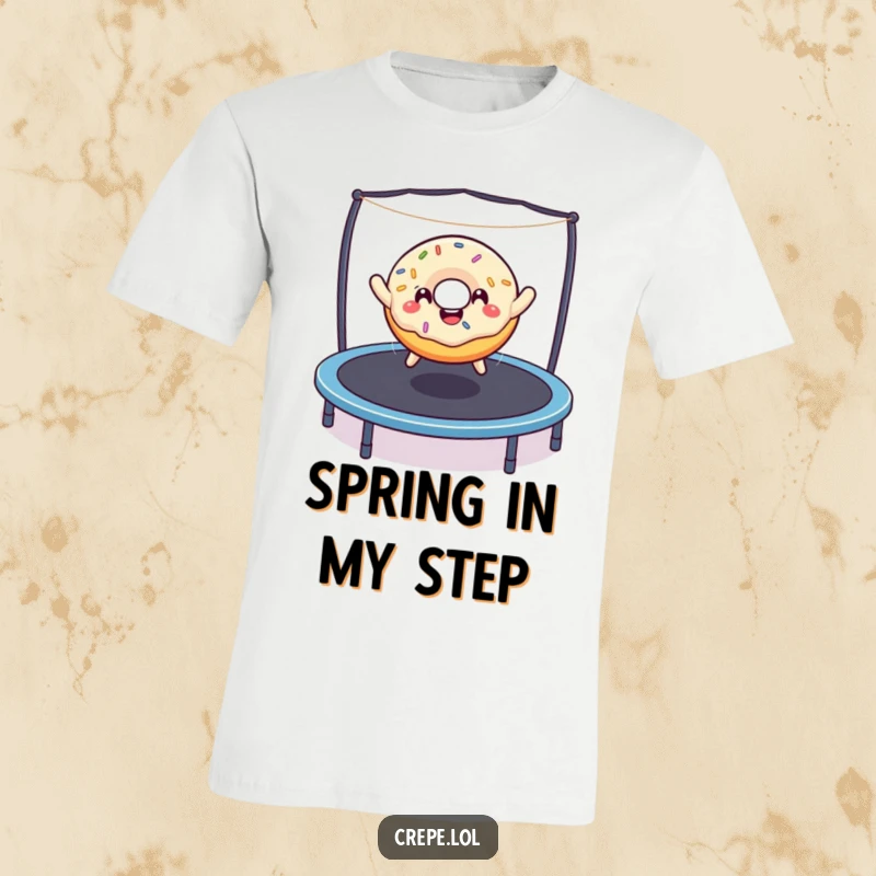 Funny delighted donut with colorful sprinkles bouncing high on a trampoline, showcasing a joyful and energetic graphic tee.