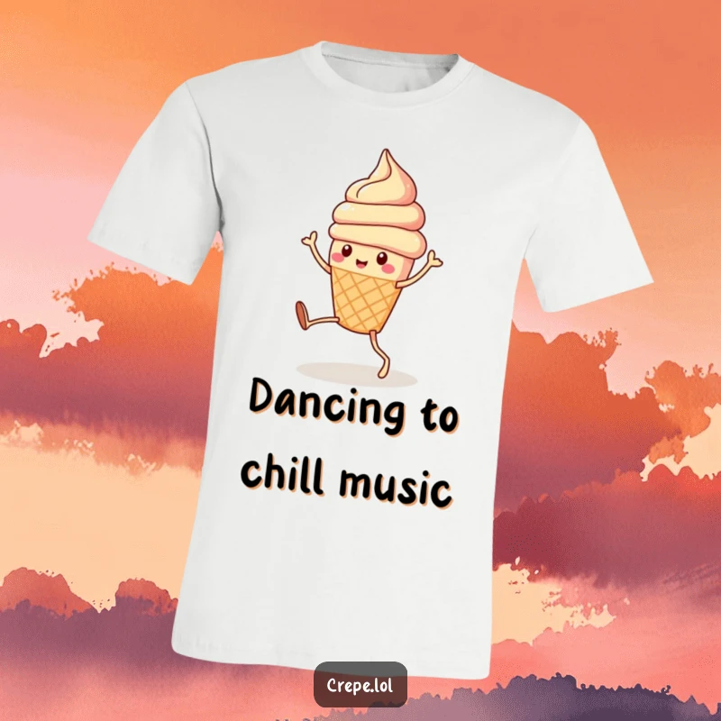 Funny ice cream cone with playful legs doing a silly dance, showcasing a fun and quirky graphic tee.