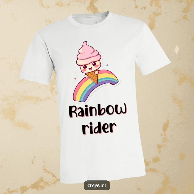 Funny t-shirt depicting a cheerful ice cream cone character in mid-slide down a bright, magical rainbow.