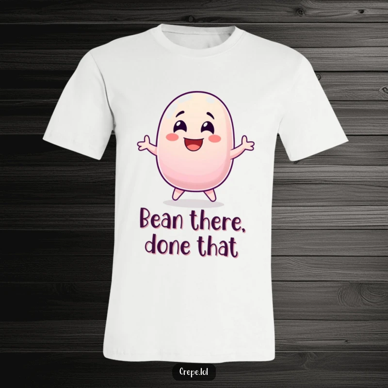 Funny jellybean mid-jump, laughing with eyes wide, printed on a vibrant t-shirt.