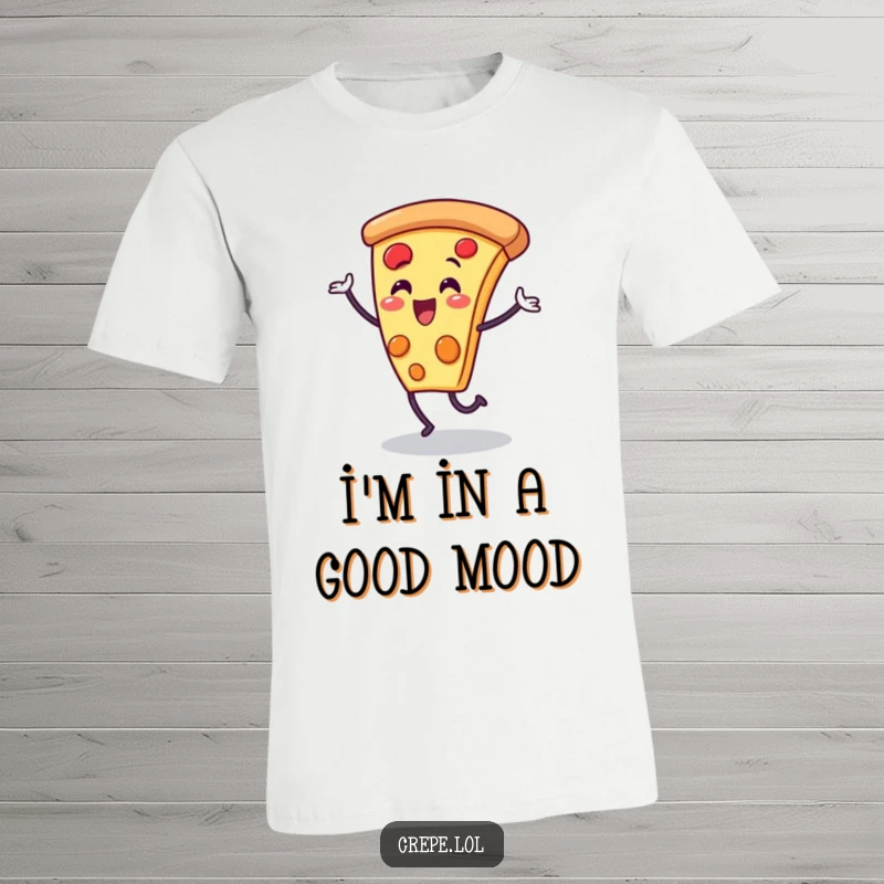 Funny pizza slice character t-shirt, depicted mid-dance with pure delight, a hilarious and joyful statement piece.