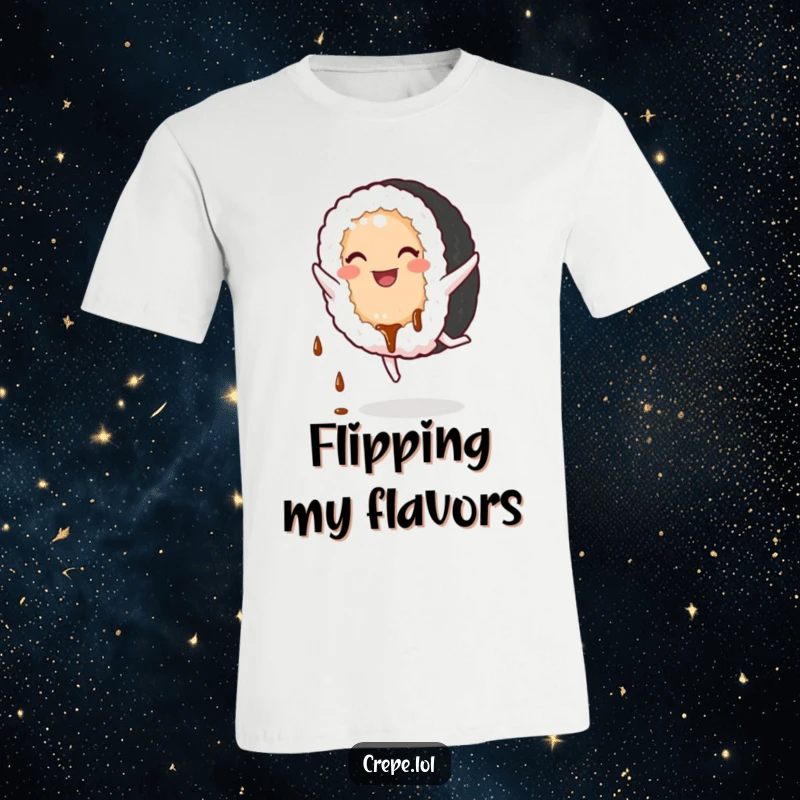 Funny Sushi T-Shirt: A smiling sushi roll performing a cartwheel with soy sauce splattering, full of playful energy.