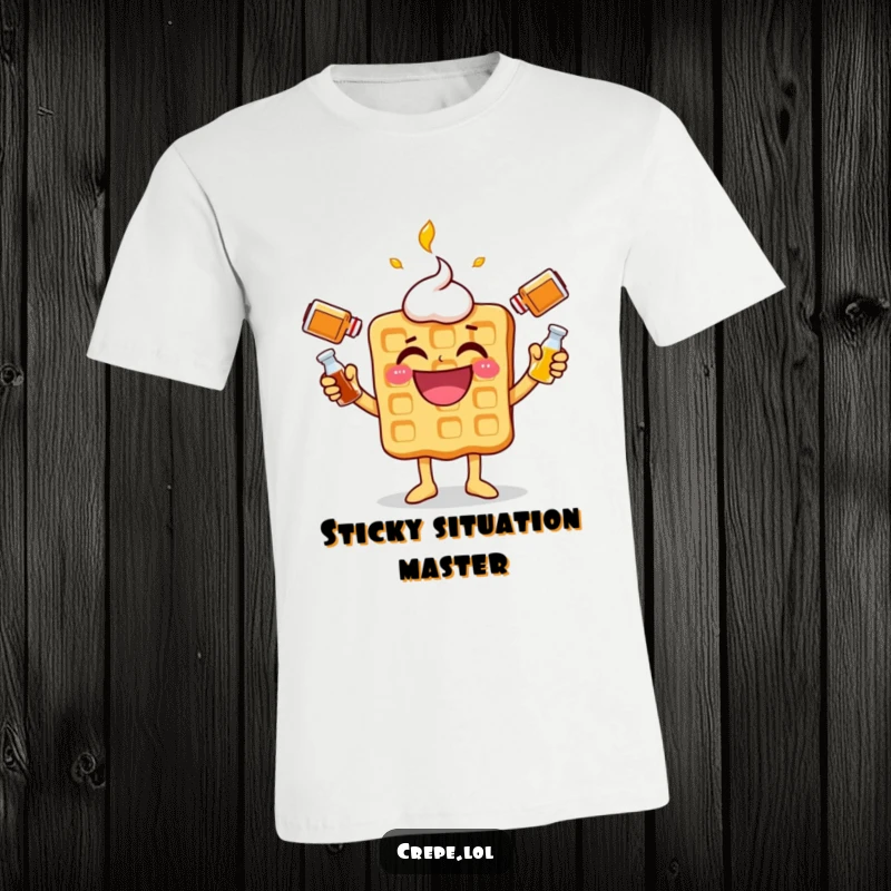 Funny waffle character T-shirt, gleefully juggling syrup bottles with a wide smile, perfect for breakfast lovers.