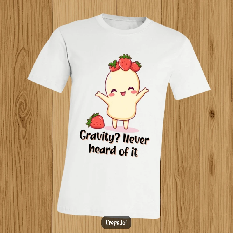 Funny t-shirt showing a crepe wearing a strawberry crown, mid-playful flip, radiating joy and sweetness, a fun food design.