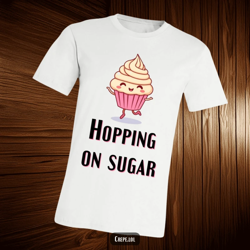Funny cupcake character T-shirt, giggling and hopping with swirling frosting, perfect for cheerful vibes.