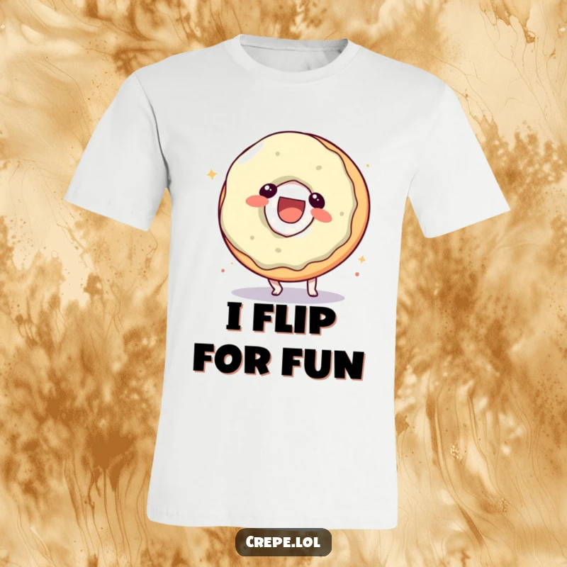 Funny donut character t-shirt, performing a playful somersault with a hearty laugh, a truly amusing sight.