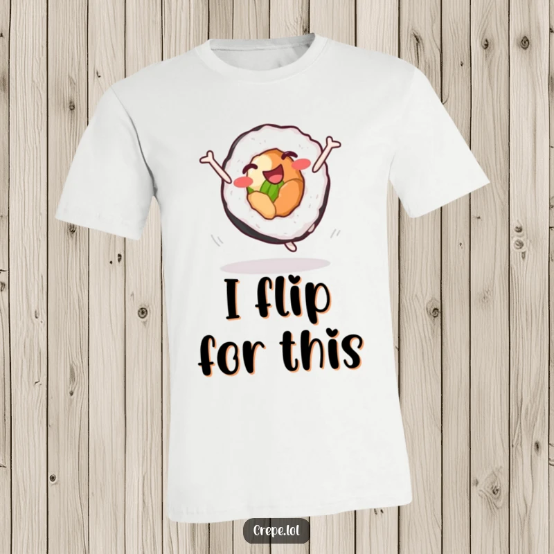Funny sushi roll t-shirt showing a delighted character performing a joyful cartwheel, perfect for expressing playful energy and love for sushi.