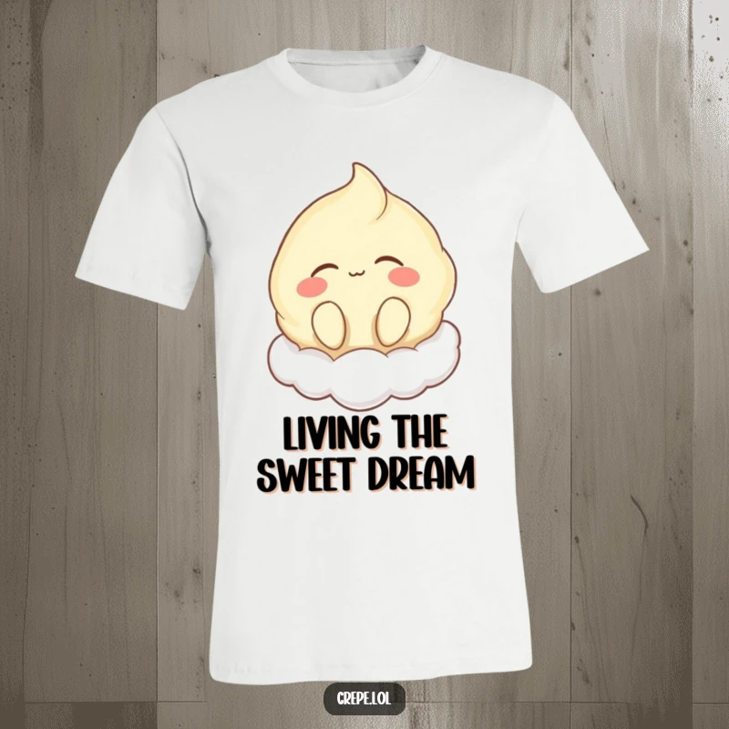 Funny t-shirt showing a happy crepe character blissfully humming with eyes closed, floating serenely on a cloud.