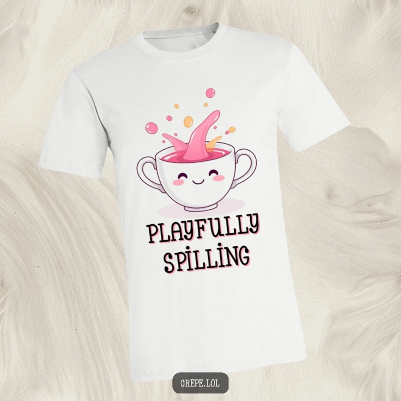 Funny teacup smiling and playfully spilling colorful liquid, printed on a comfy t-shirt.