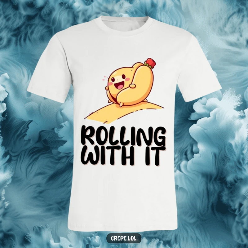 Funny t-shirt showing a smiling hot dog joyfully rolling down a hill. Captures freedom and humor.