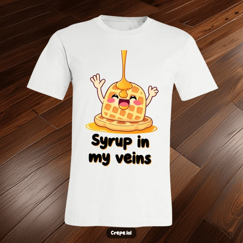 Funny waffle covered in syrup, waving enthusiastically, on a cheerful graphic t-shirt.