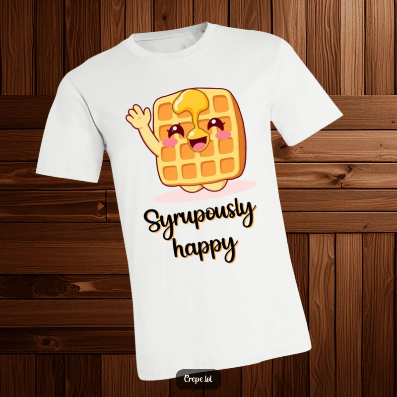 Funny waffle with syrup enthusiastically waving, printed on a comfortable t-shirt.