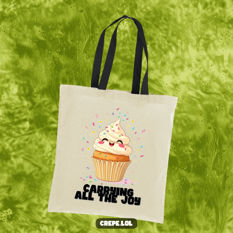 Funny tote bag adorned with a giggling cupcake surrounded by a shower of confetti, practical and cheerful.