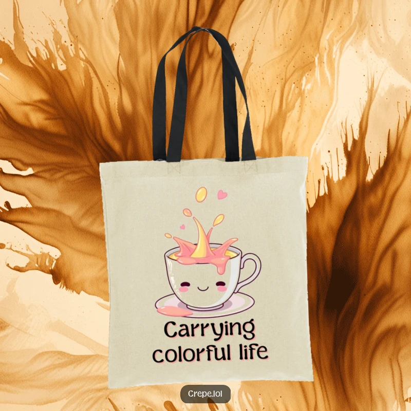 Funny smiling teacup with colorful liquid playfully spilling, featured on a durable and stylish tote bag.