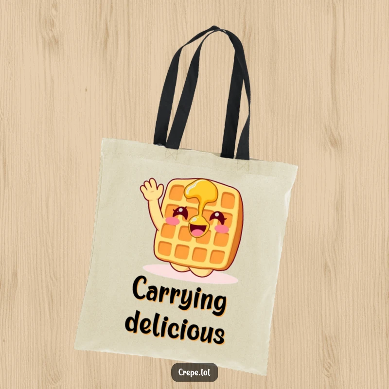 Funny waffle with syrup waving enthusiastically, printed on a durable tote bag.