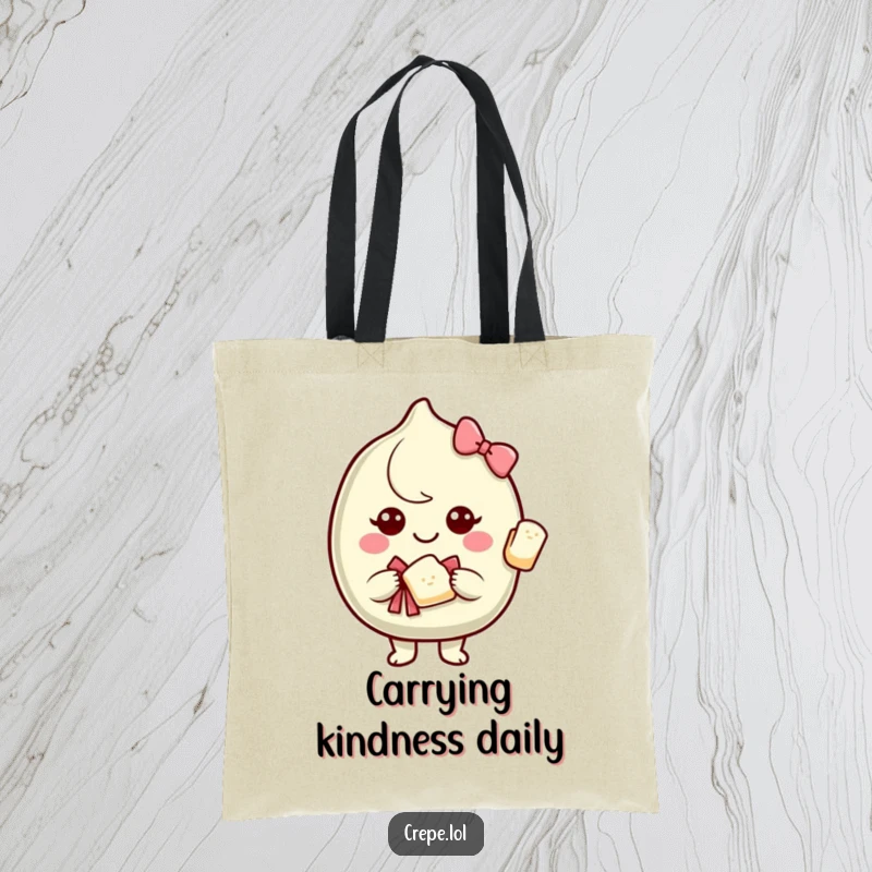 Funny tote bag showing a smiling crepe character offering a slice of itself with a bow, perfect for carrying daily items.