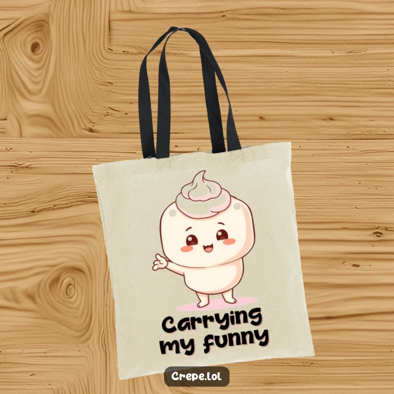 Funny tote bag showcasing a crepe with cream, striking a hilariously comical pose, perfect for carrying items with style.