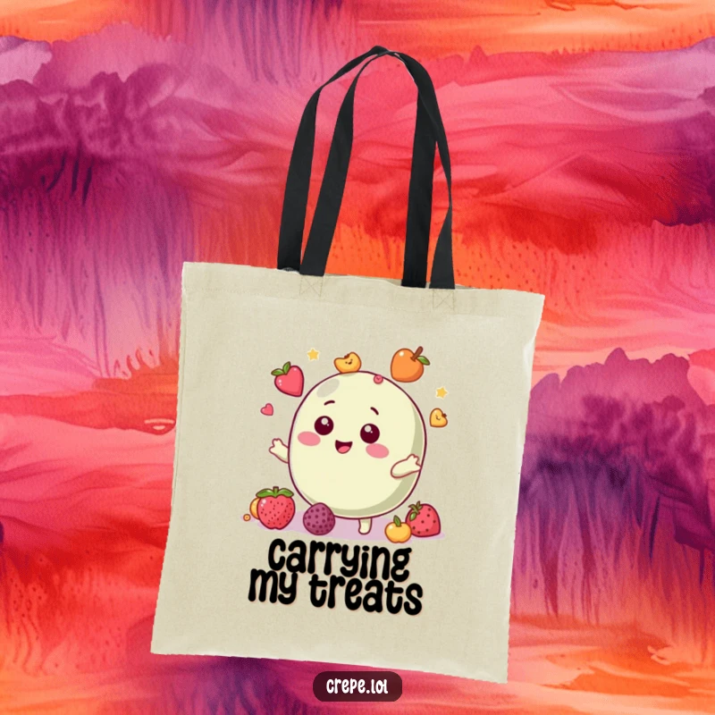 Funny tote bag featuring a giggling macaron character juggling an assortment of small fruit toppings with ease.