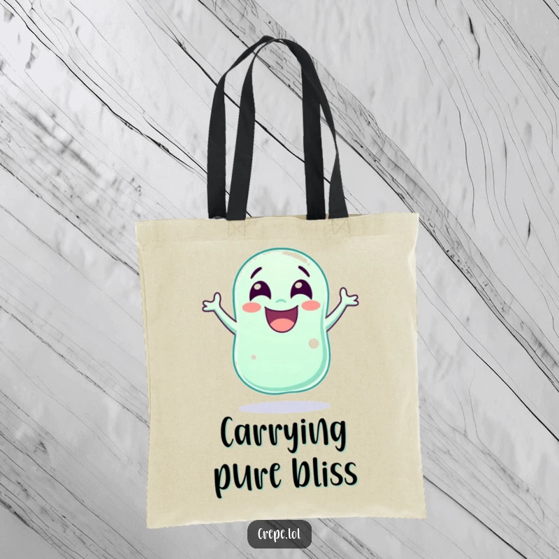 Funny laughing jellybean with wide eyes jumping for joy, featured on a durable and stylish tote bag.