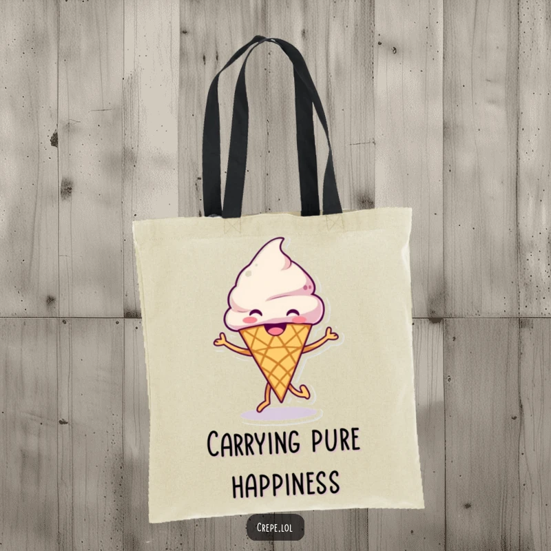 Funny Ice Cream Dance Tote Bag featuring a grinning ice cream cone happily dancing, ideal for carrying treats and smiles.