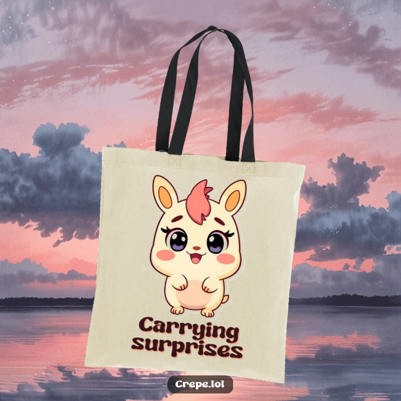 Funny tote bag featuring a churro character looking surprised with wide, happy eyes, ready for adventure.