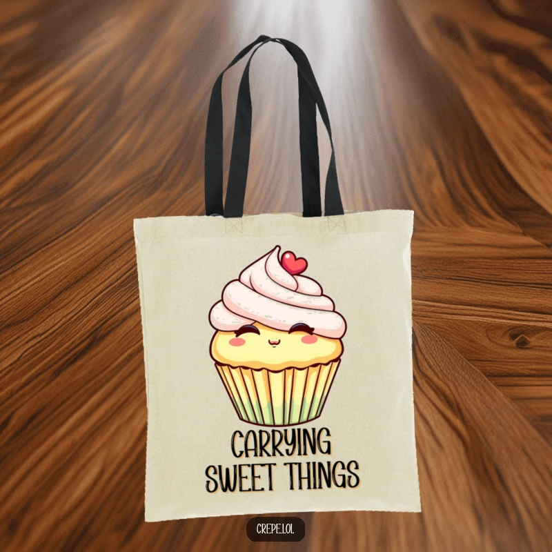Funny tote bag with a cheerful cupcake illustration, blowing a kiss with a cute frosting swirl, perfect for sweet outings.