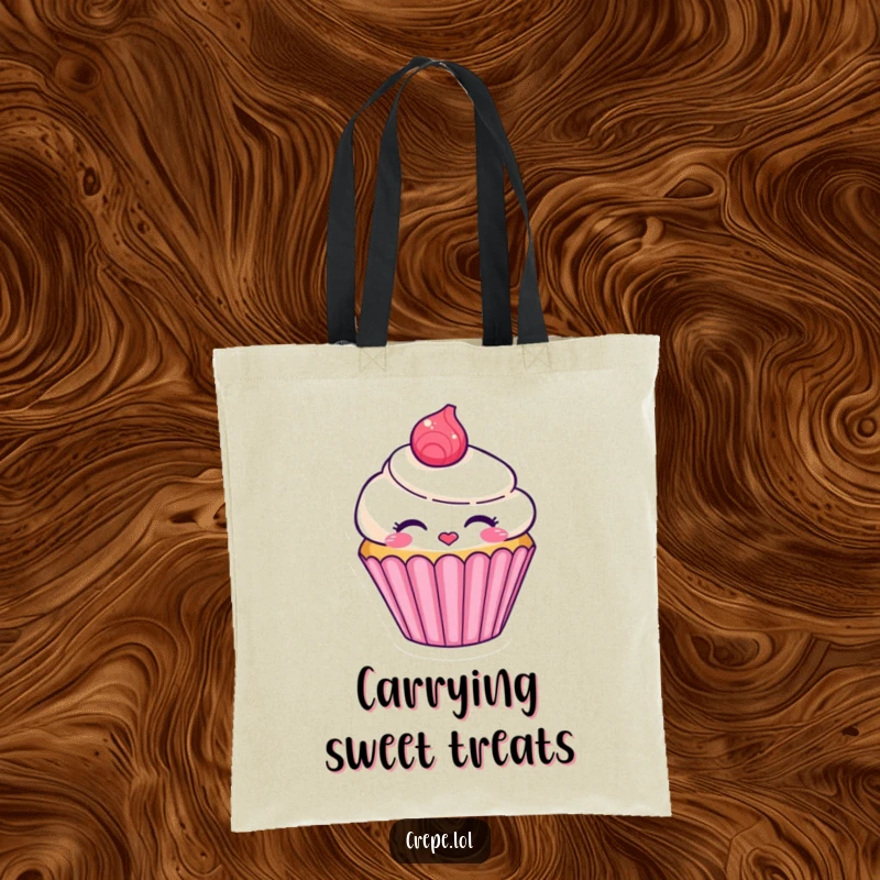 Funny smiling cupcake character tote bag blowing a kiss, a charming and practical accessory.