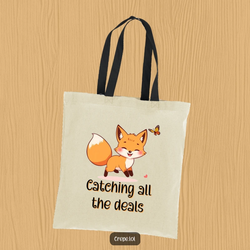 Funny smiling fox with a bushy tail chasing a butterfly, a delightful and humorous design on a practical tote bag.