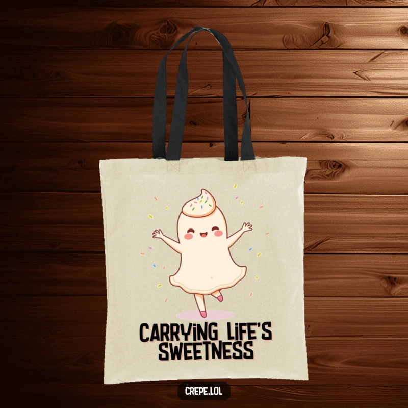 Funny tote bag with a delighted crepe character in a ballet twirl, sprinkled with colorful dots, adding flair to any outing.