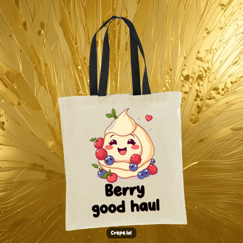 Funny tote bag illustration of a smiling crepe with berries swirling around, a charming accessory for food enthusiasts.