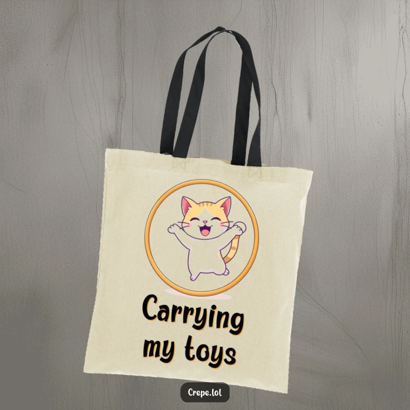 Funny tote bag showcasing a happy cat with wagging tail jumping through a hoop, perfect for carrying essentials with flair.