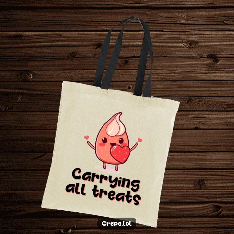 Funny tote bag showing a smiling red crepe with a strawberry heart, flipping happily, perfect for carrying goodies.