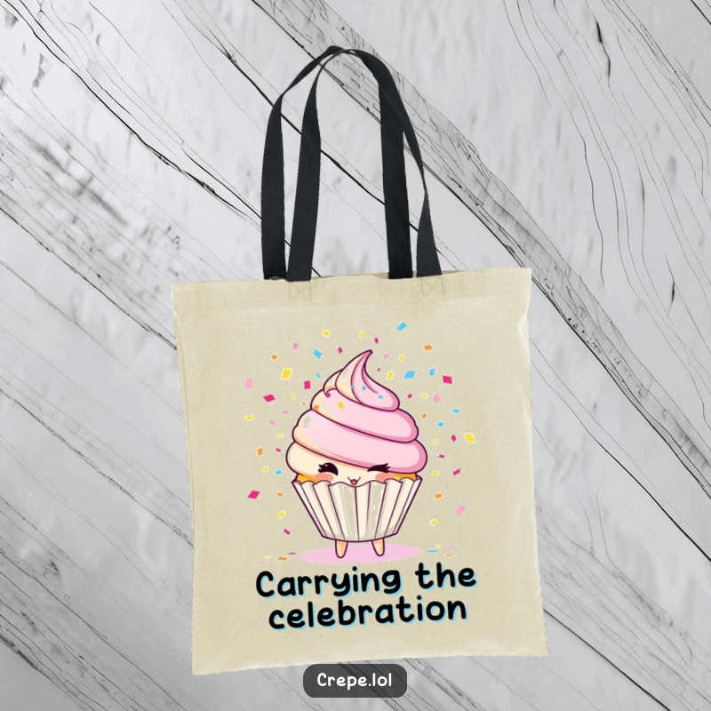 Funny cupcake character tote bag, winking and blowing confetti, ideal for carrying party essentials with flair.