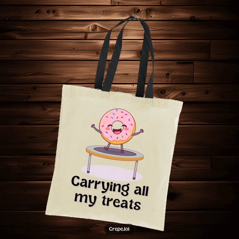 Funny donut with sprinkles joyfully bouncing on a trampoline, printed on a durable tote bag.